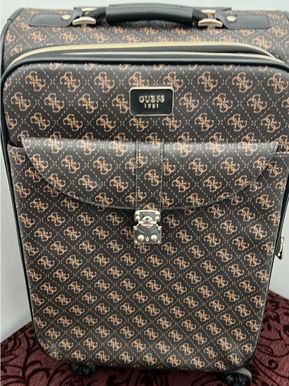 GUESS Brown and Tan Monogram Rolling Suitcase